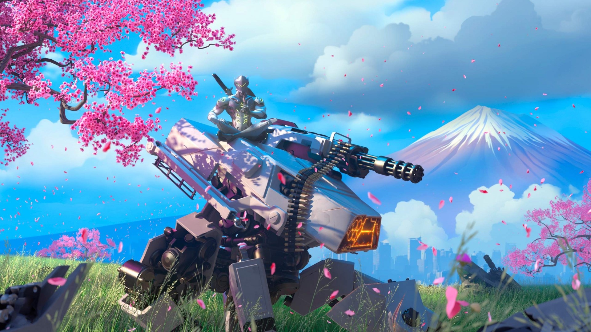 Genji from Overwatch on a mech with Mount Fuji HD Wallpaper