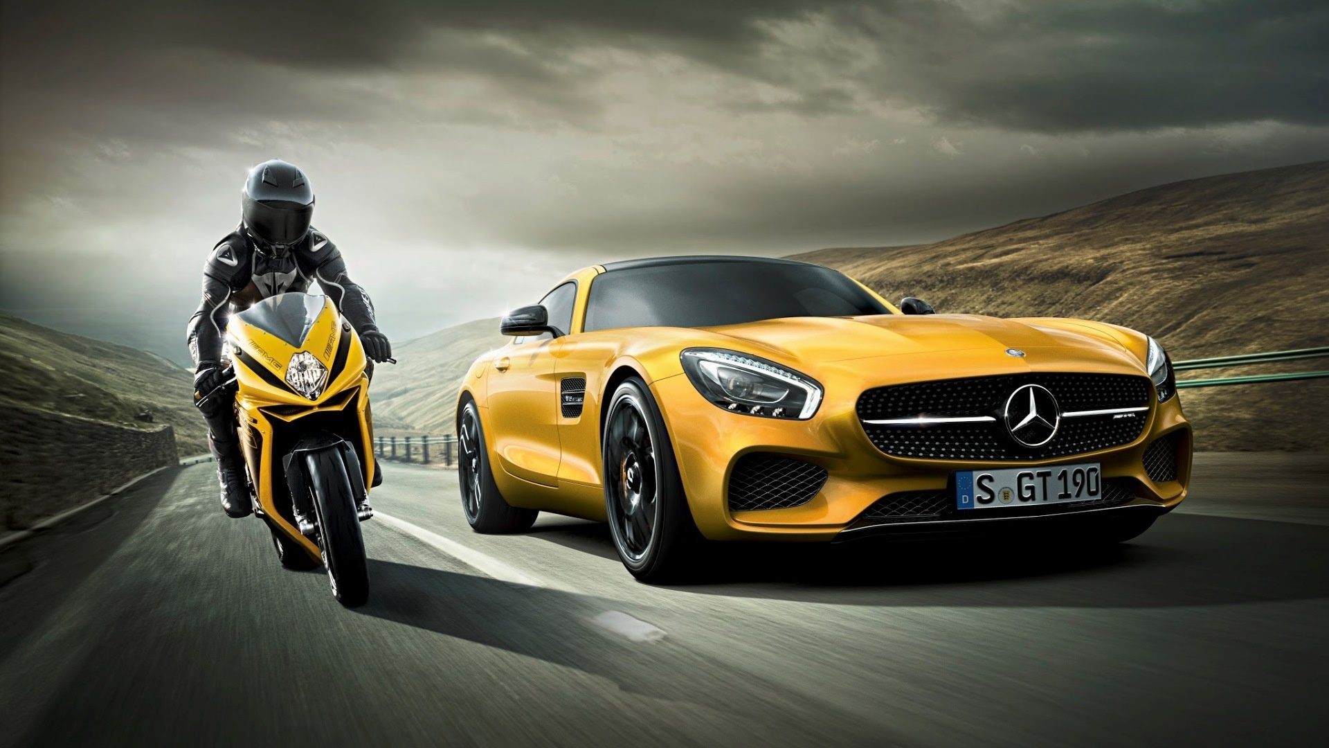 Yellow MV Agusta F3 and Mercedes-AMG GT S on a road HD Wallpaper