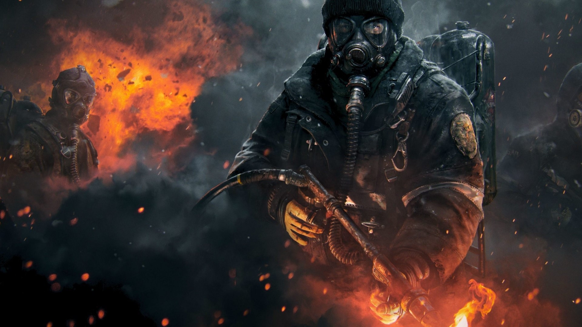 The Division characters in a fiery, smoky environment HD Wallpaper