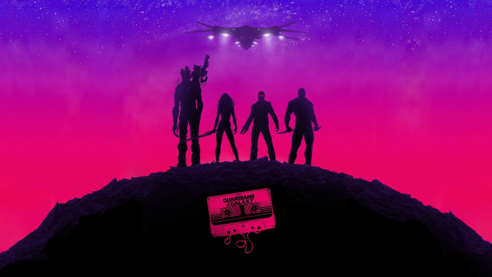 Guardians of the Galaxy silhouettes with spaceship and cassette tape HD Wallpaper