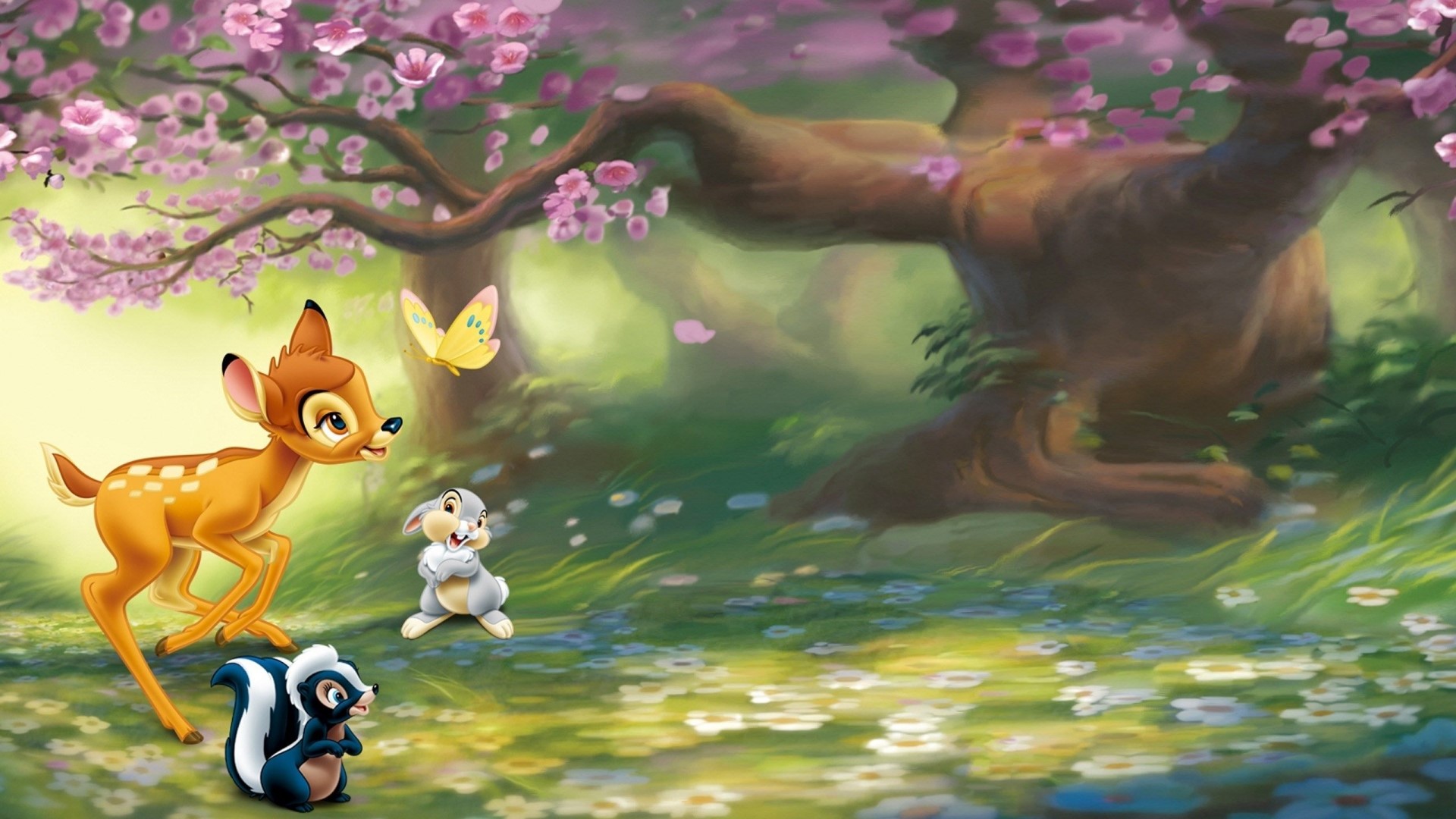 Bambi and friends in a forest HD Wallpaper