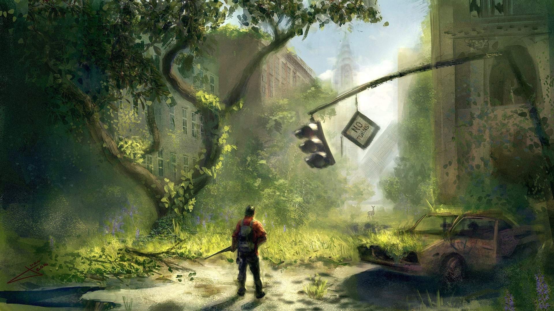 Post-apocalyptic city overgrown with nature HD Wallpaper