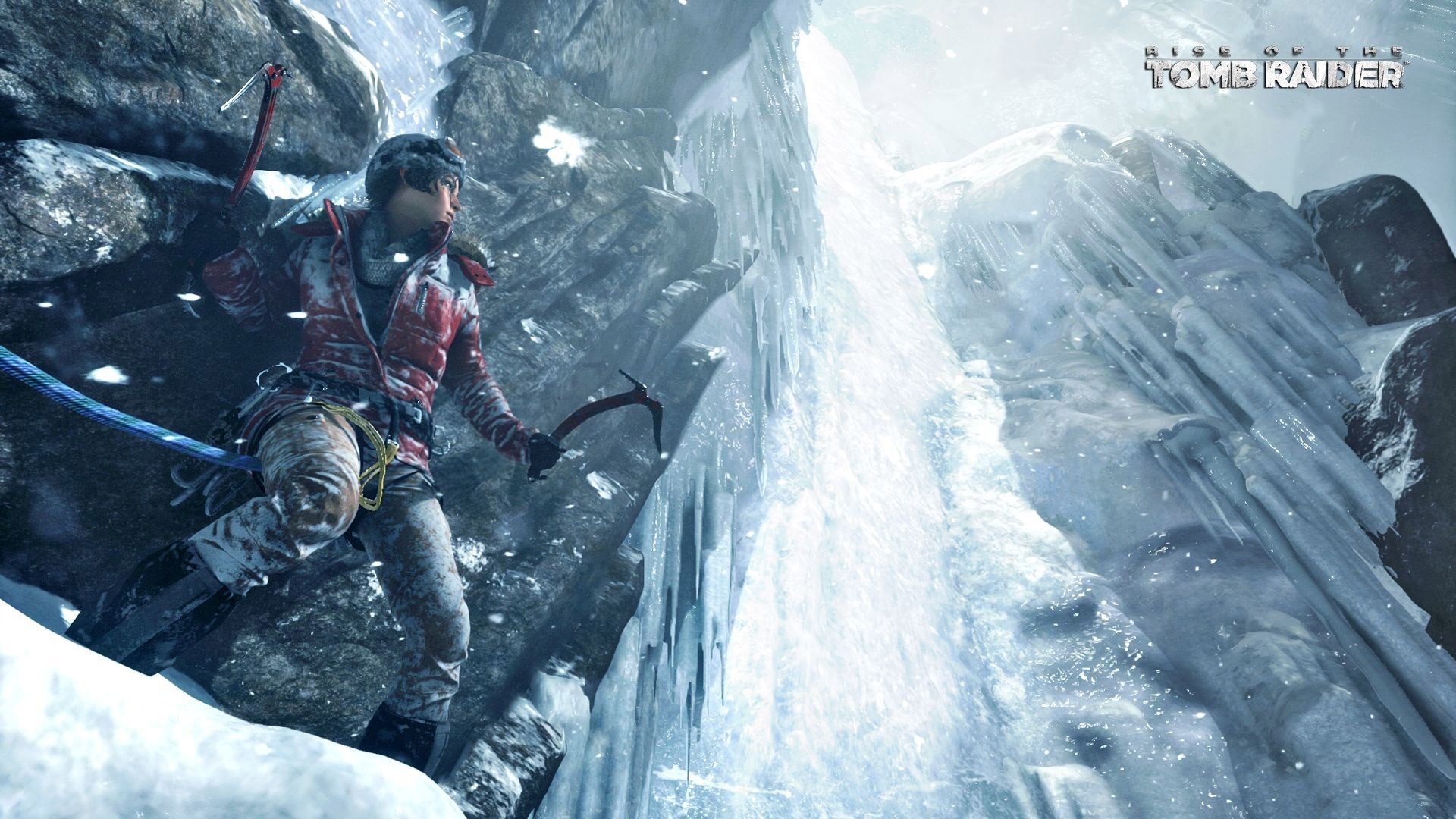 Lara Croft climbing an icy mountain in Rise of the Tomb Raider HD Wallpaper