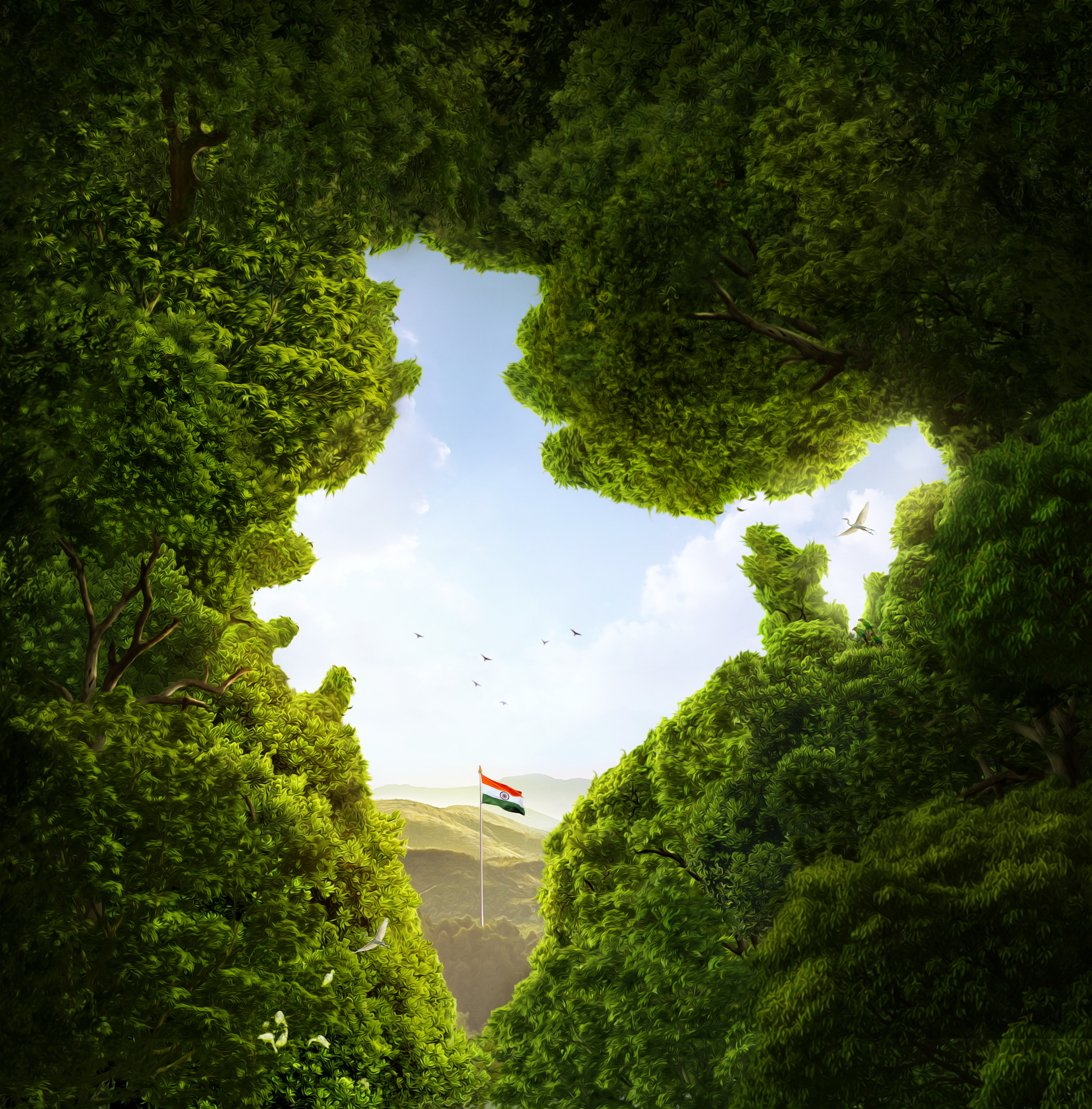 Flag of India, Trees, India, CGI HD Wallpaper