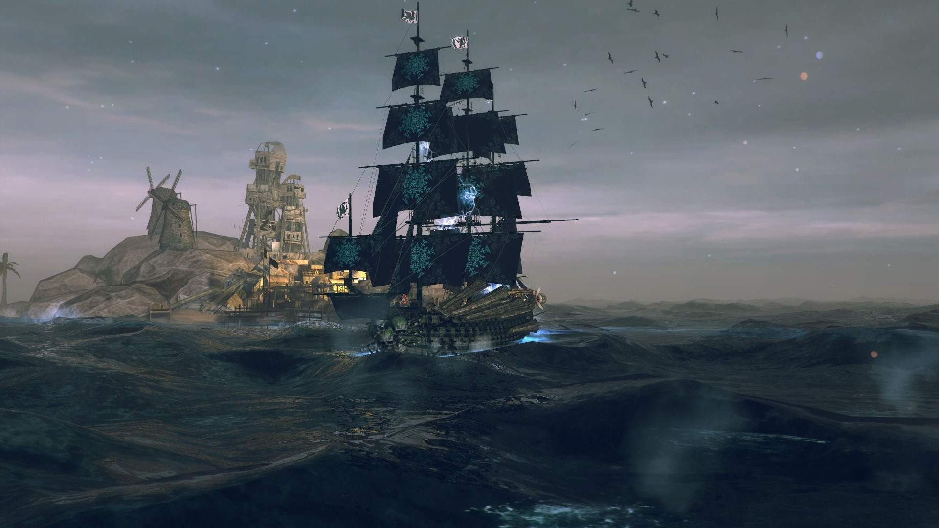 Pirate ship sailing near an island with windmills HD Wallpaper