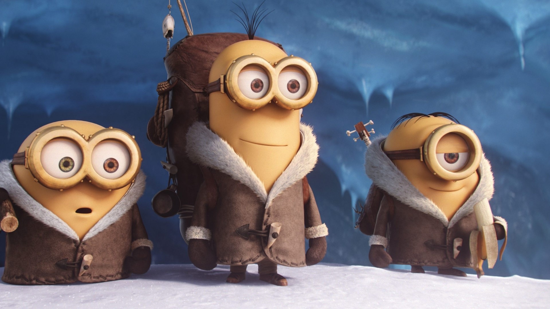 Minions in winter coats in an icy environment HD Wallpaper