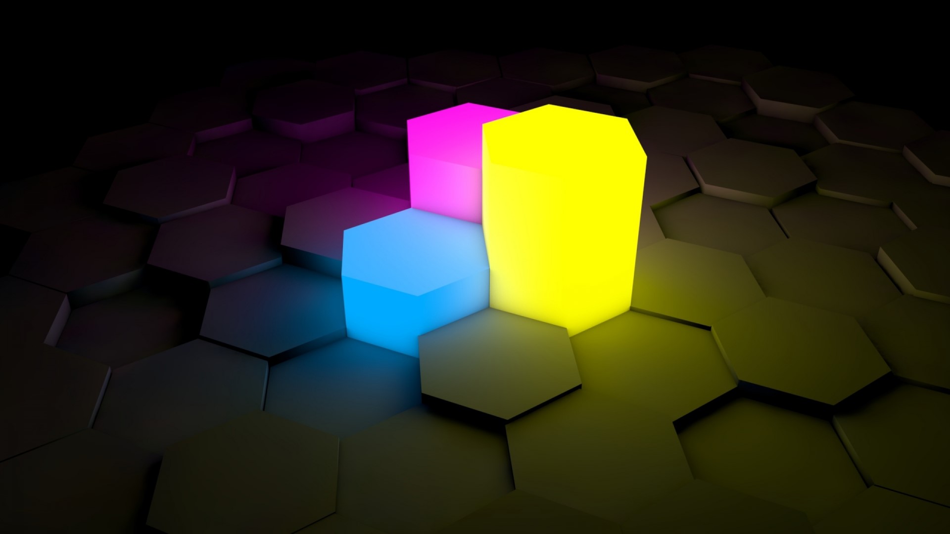 Hexagonal surface with glowing neon pillars HD Wallpaper