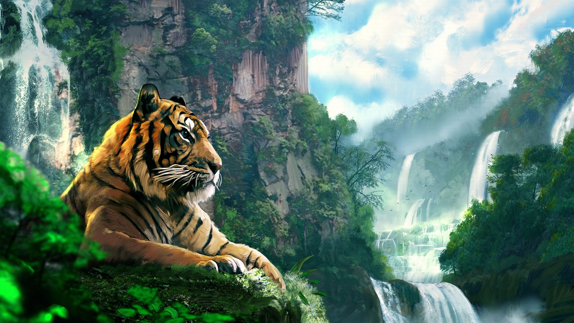 Tiger resting near waterfalls in a jungle HD Wallpaper