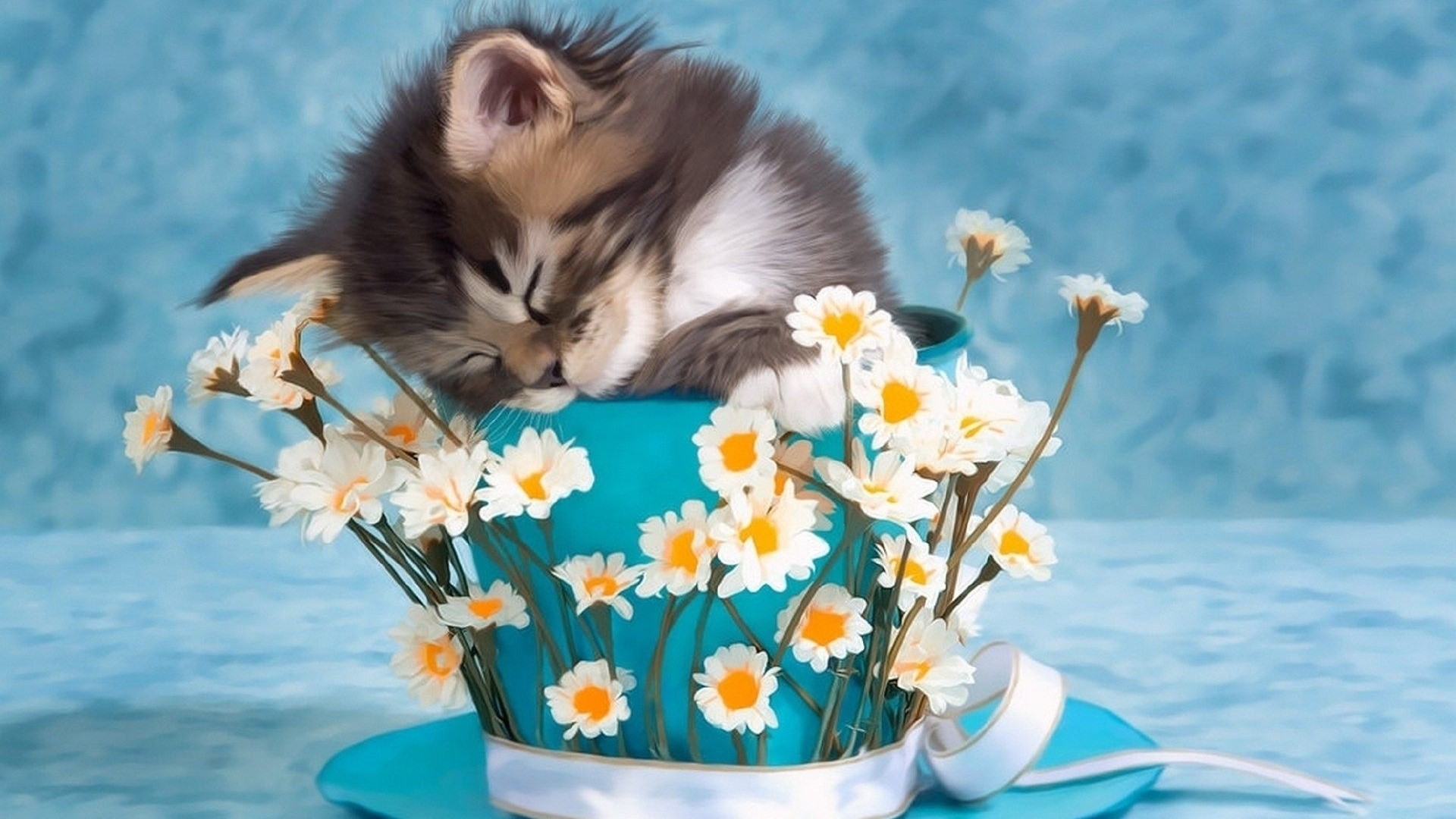 Kitten sleeping in a teacup with flowers HD Wallpaper