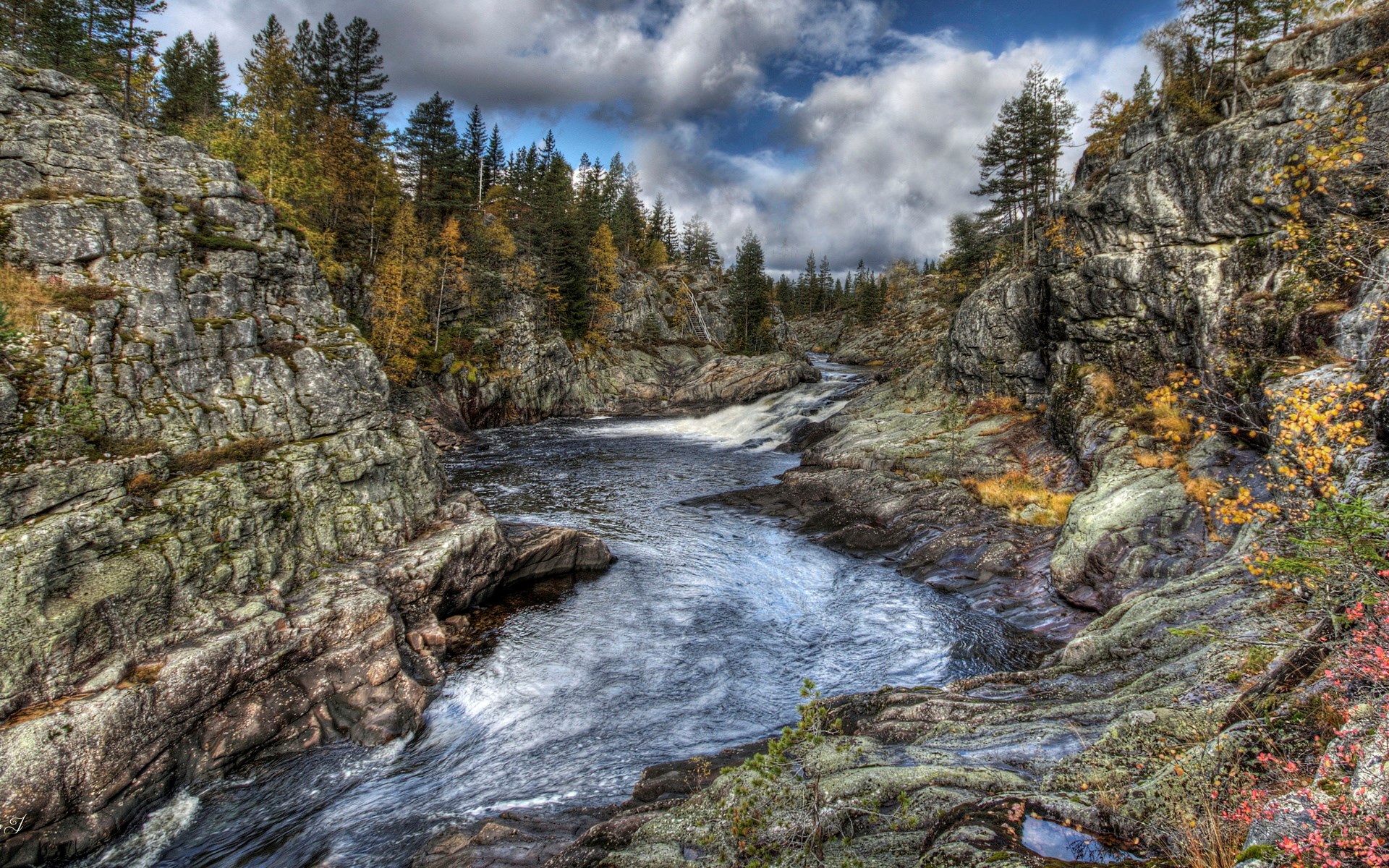 River flowing through rocky gorge with autumn trees HD Wallpaper