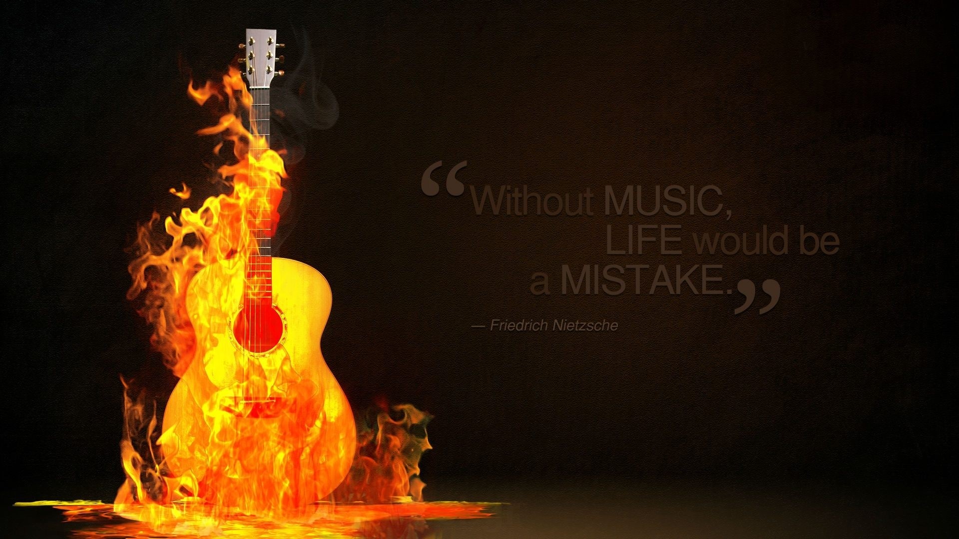 Acoustic guitar on fire with quote by Friedrich Nietzsche HD Wallpaper