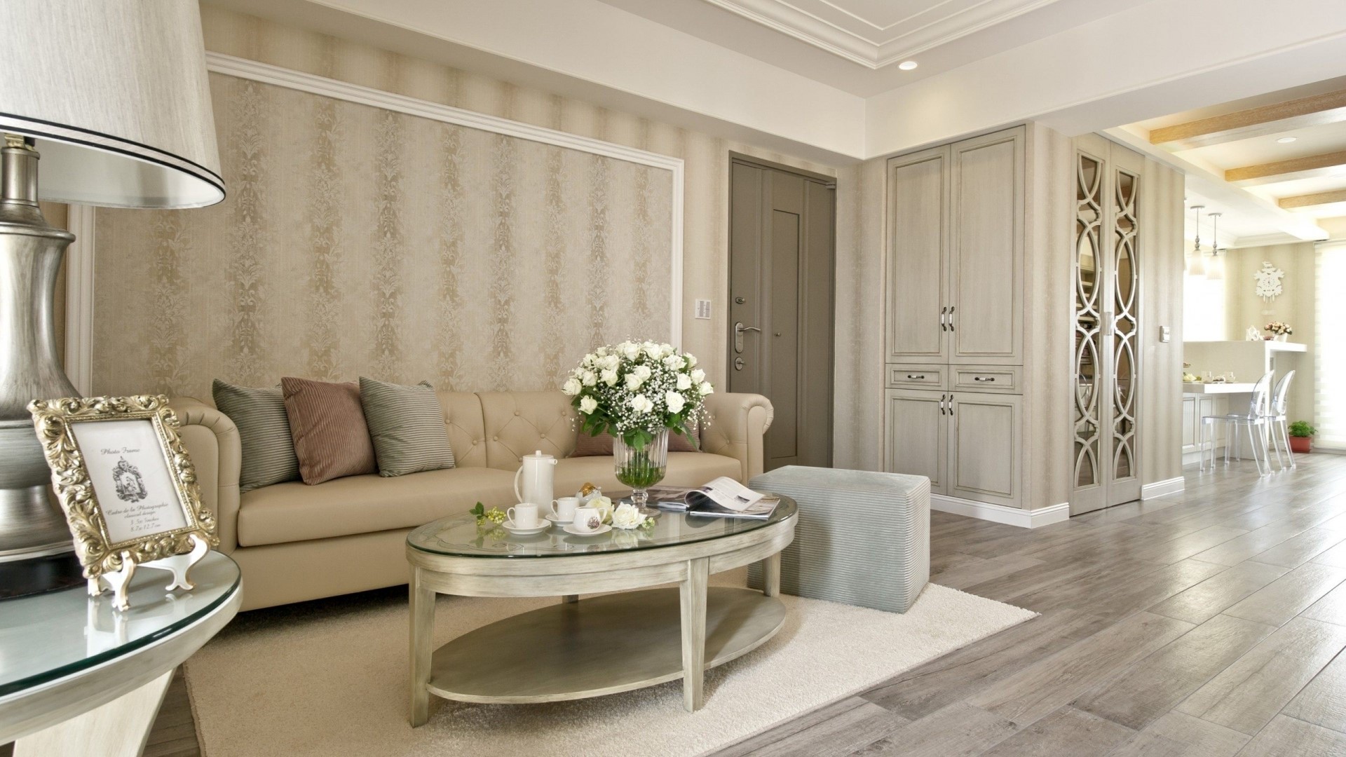 Living room with sofa and coffee table HD Wallpaper