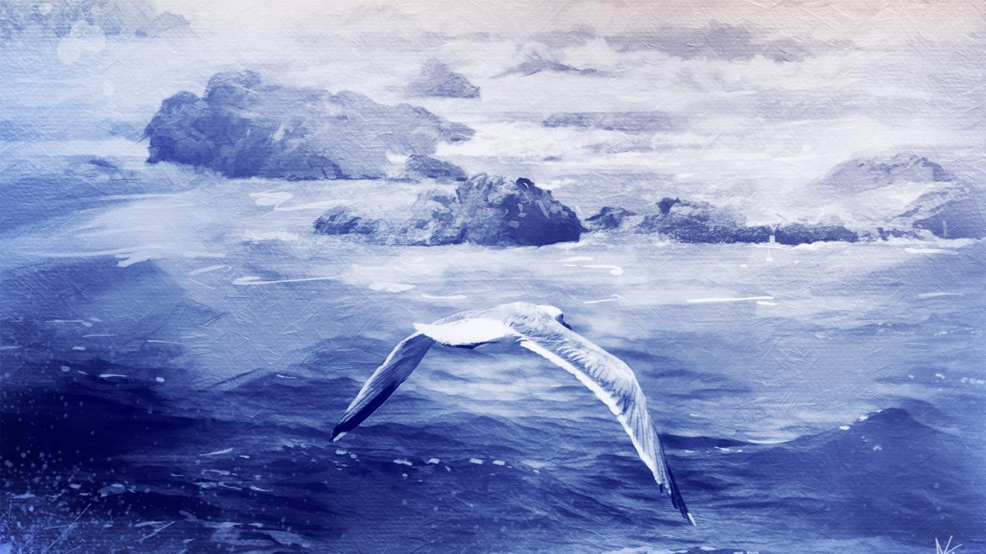 Seagull flying over the ocean near rocky islands HD Wallpaper
