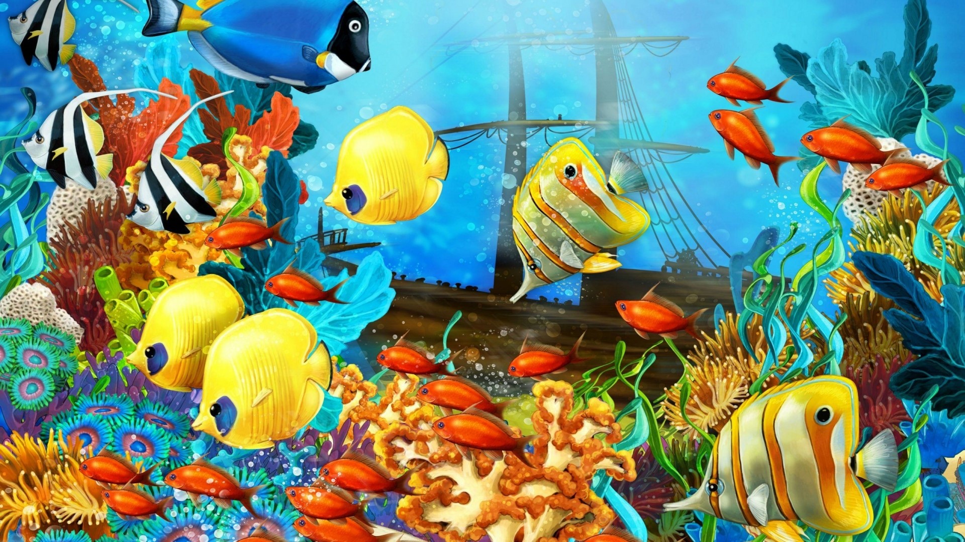 Coral reef with various fish and sunken ship HD Wallpaper