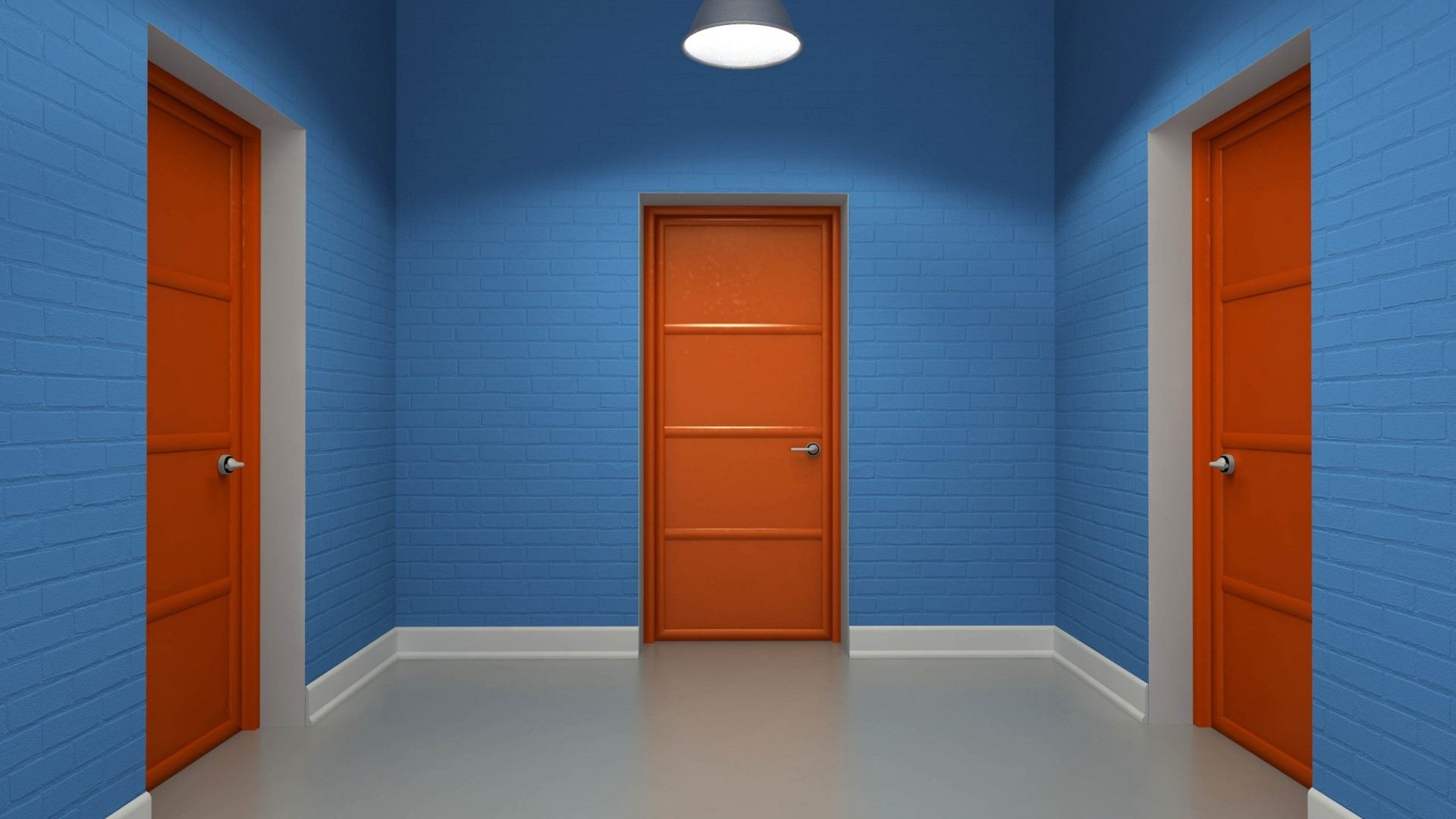 Hallway with three orange doors and blue brick walls HD Wallpaper