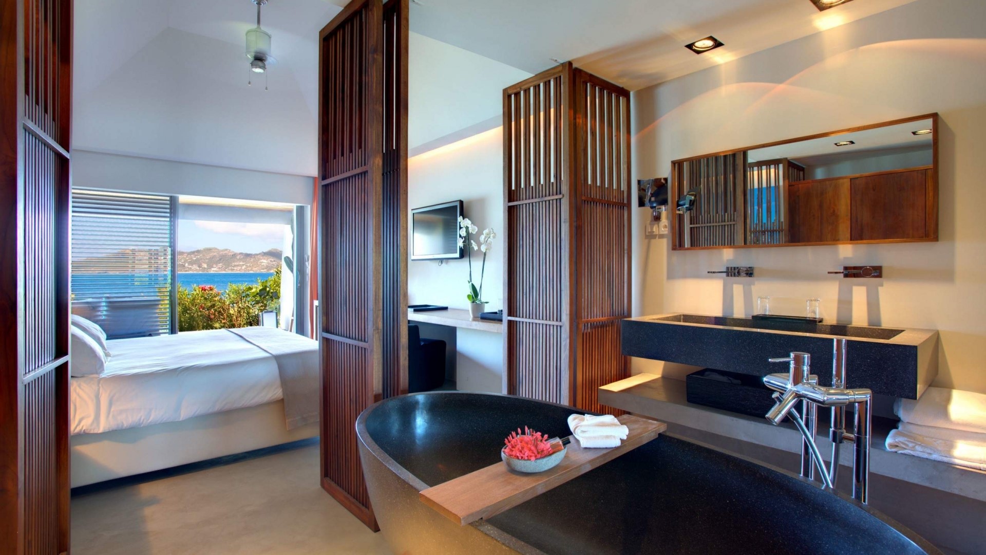 Luxury bathroom with ocean view and bedroom HD Wallpaper