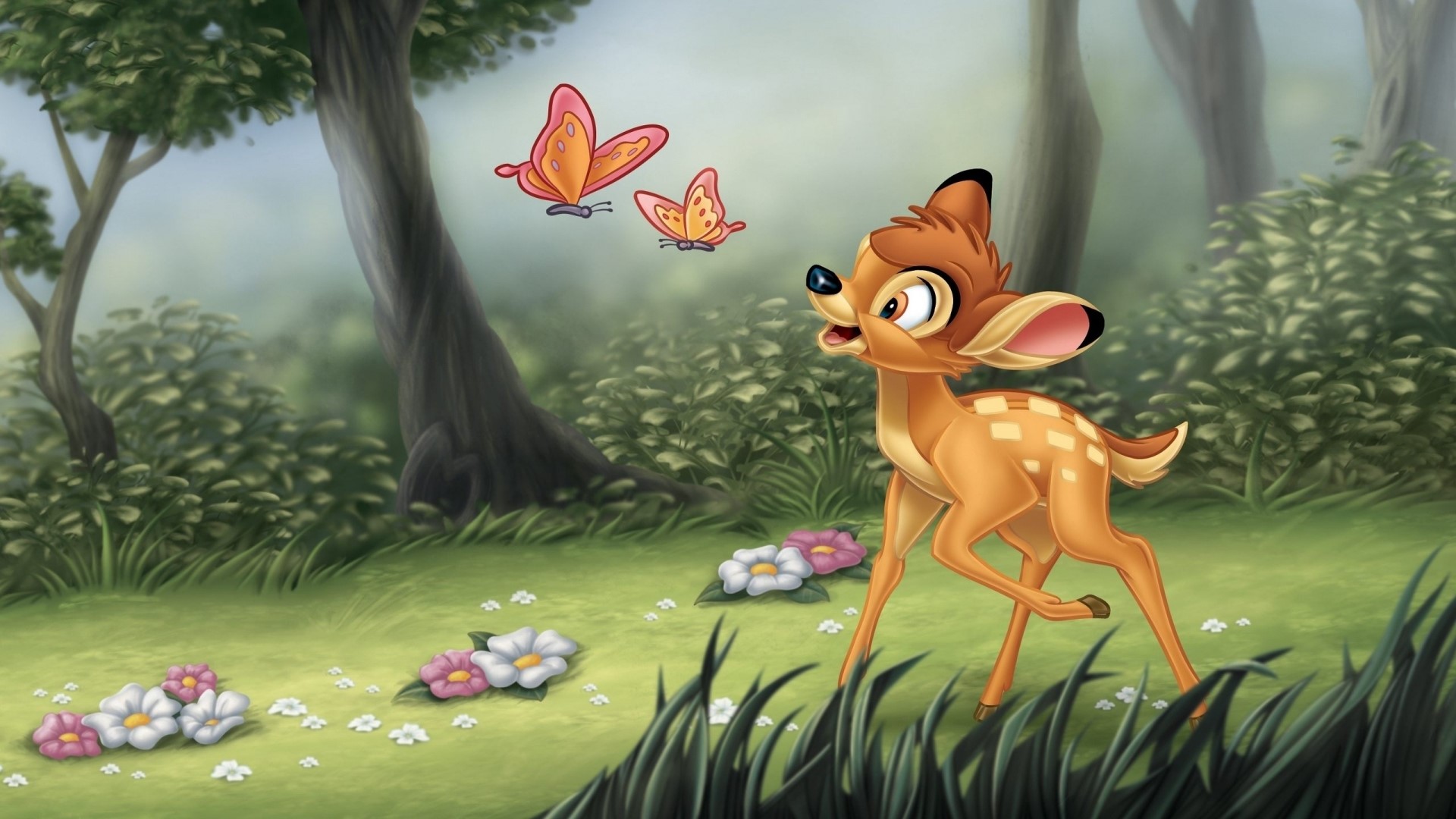 Bambi and butterflies in a forest HD Wallpaper