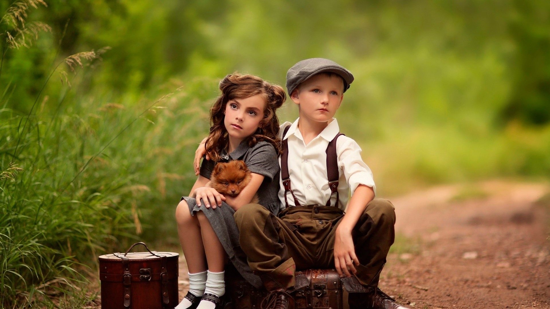 Girl and boy with dog and luggage HD Wallpaper