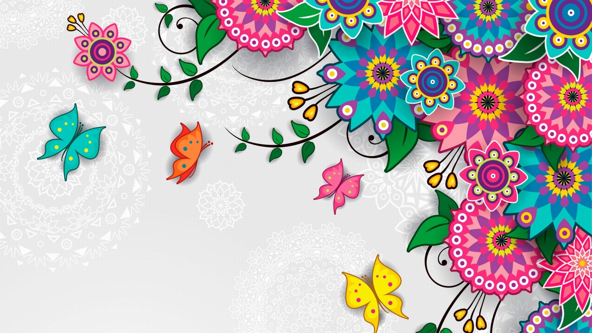 Colorful Flowers and Butterflies Vector Art Pattern HD Wallpaper