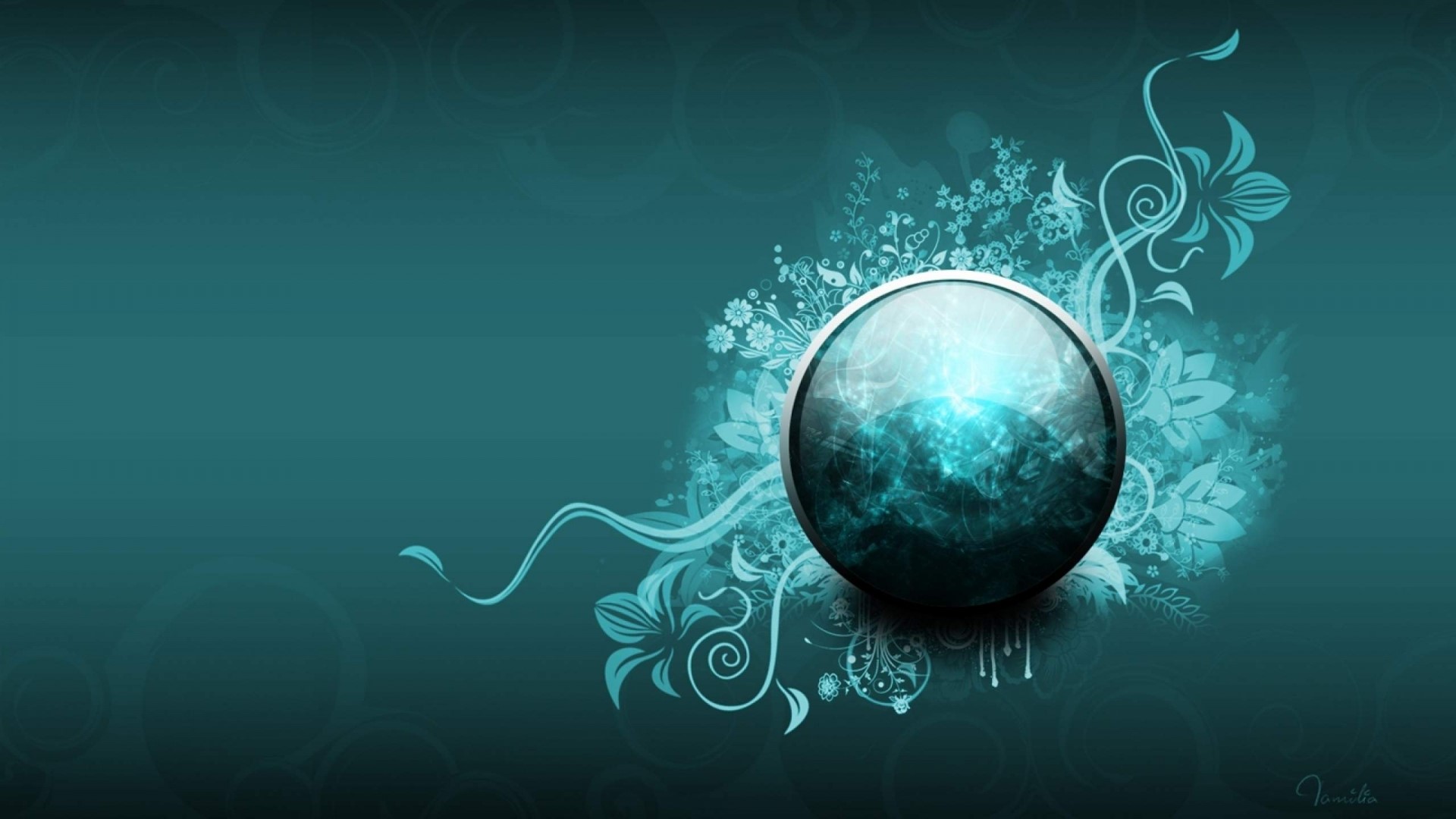 Abstract Teal Orb with Floral Designs HD Wallpaper
