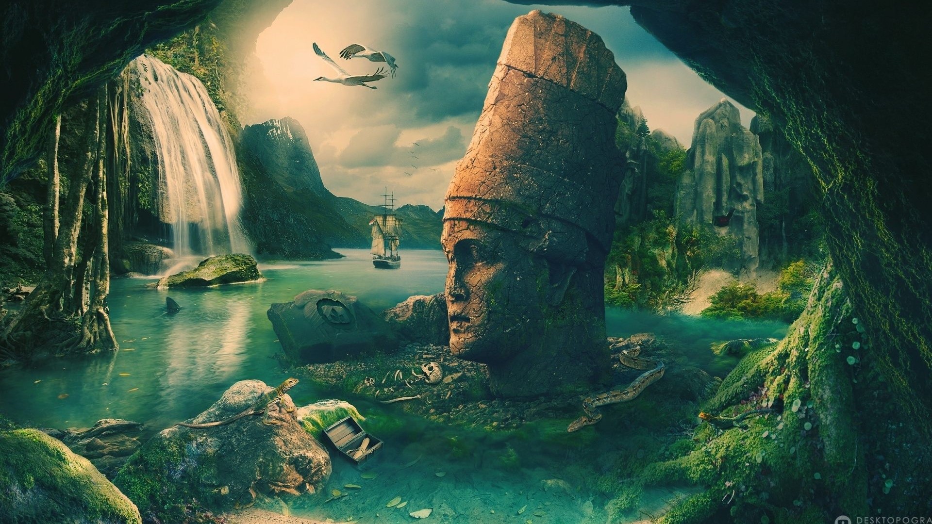 Fantasy jungle with ancient statue and waterfall HD Wallpaper