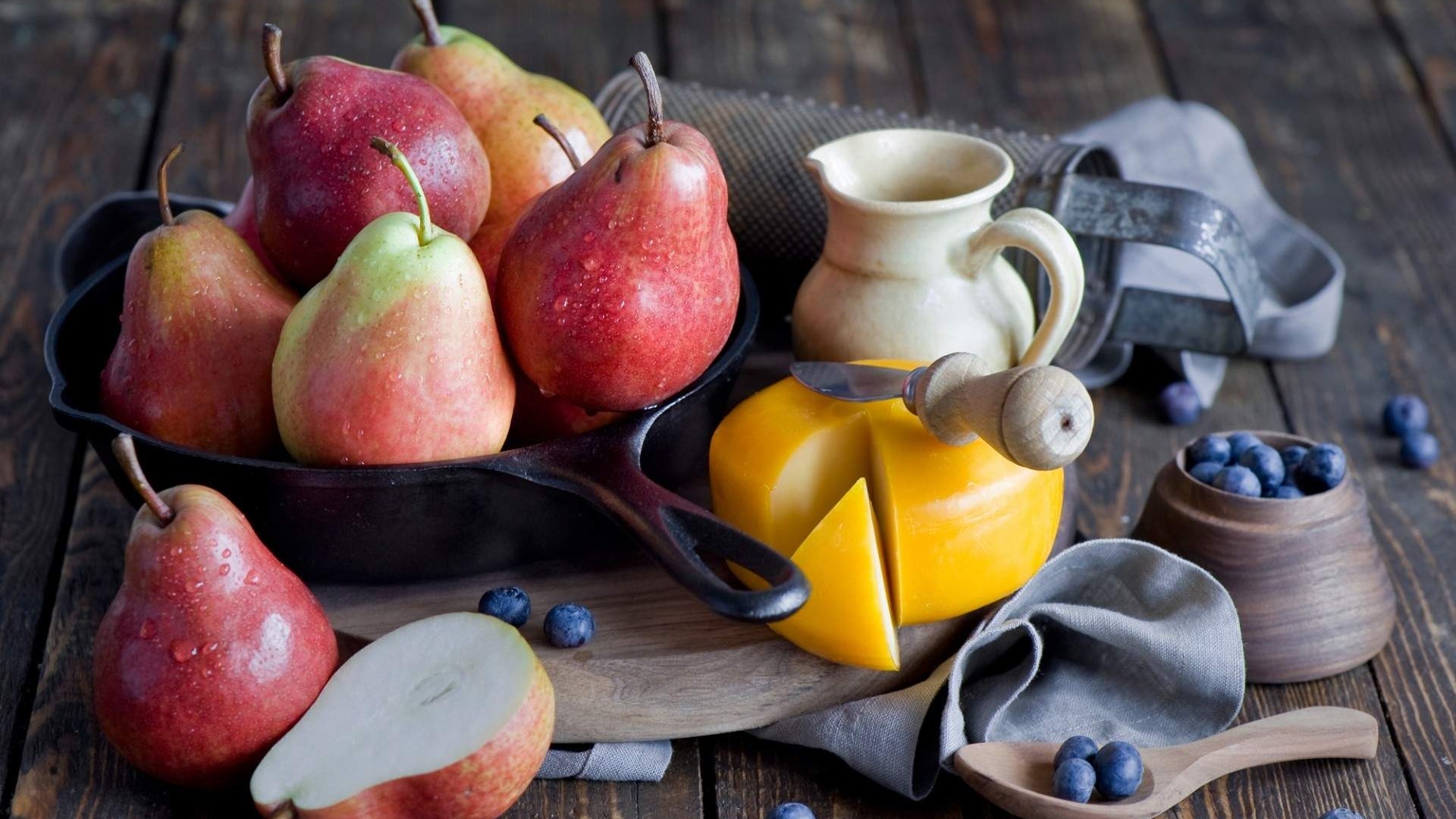 Pears, Cheese, and Blueberries on a Wooden Table HD Wallpaper