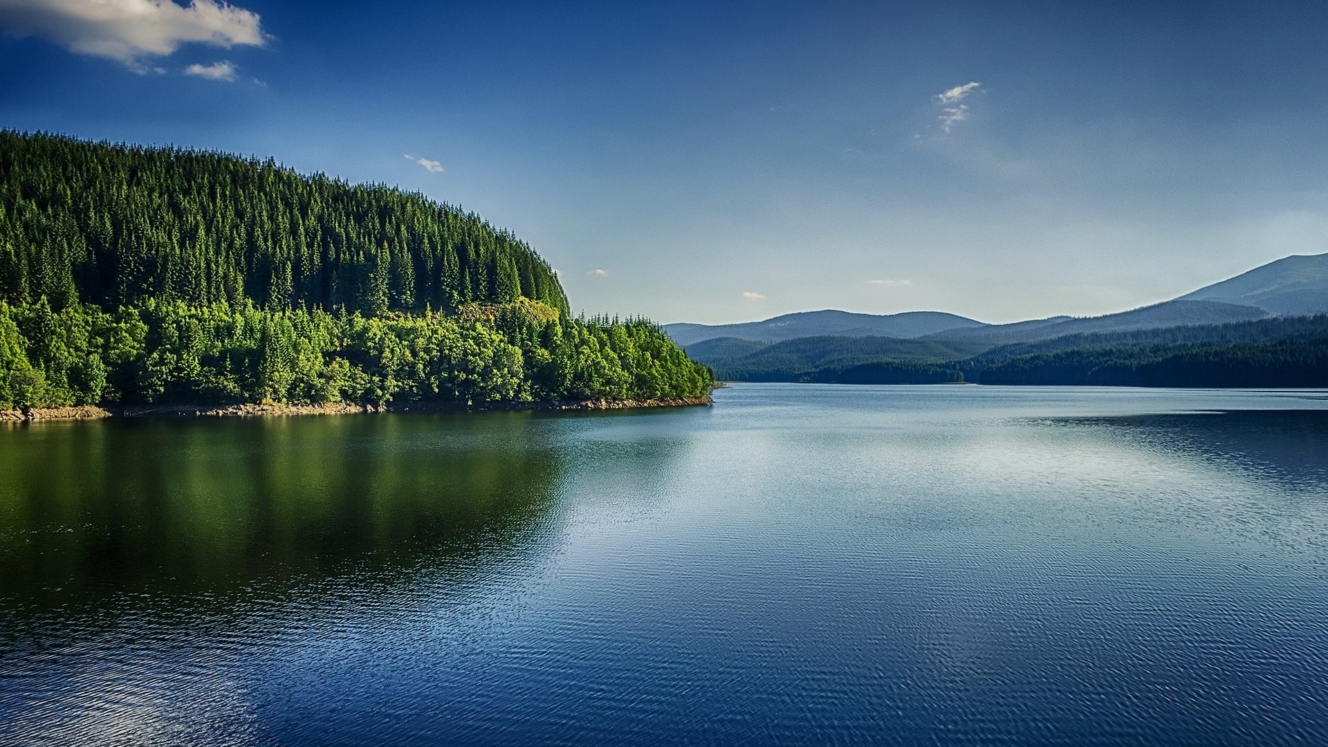Forest lake with mountains and blue sky HD Wallpaper