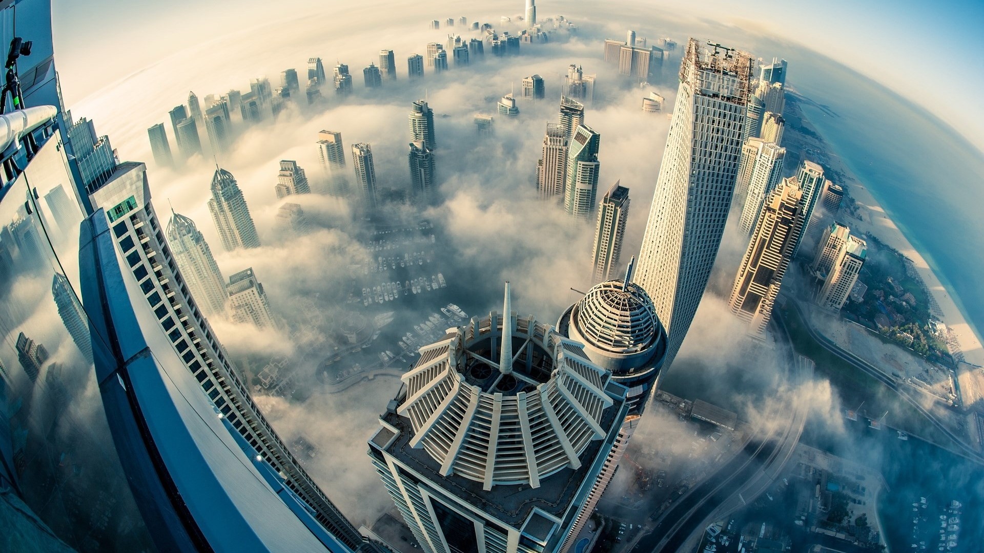 Dubai Skyline Aerial View Through Fog HD Wallpaper