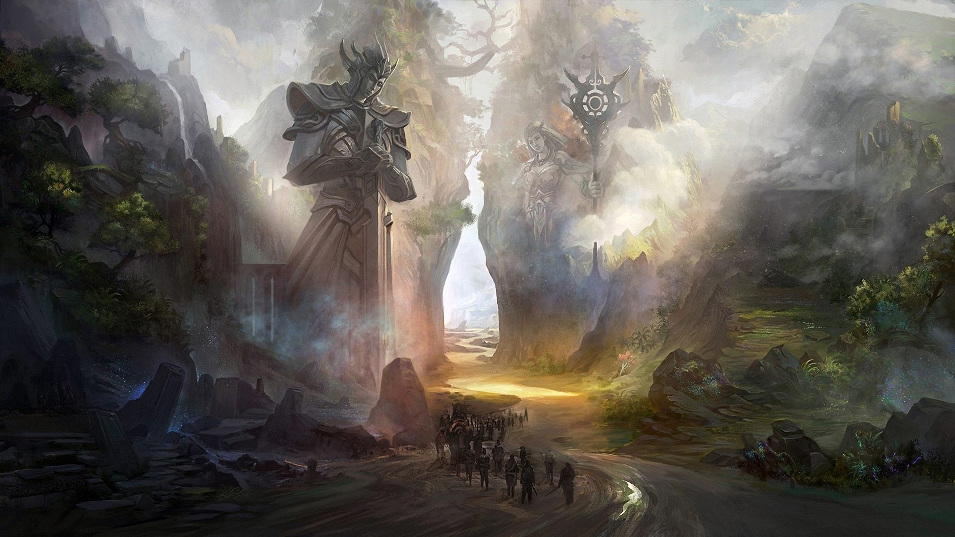 Ancient World Fantasy Landscape with Statues HD Wallpaper