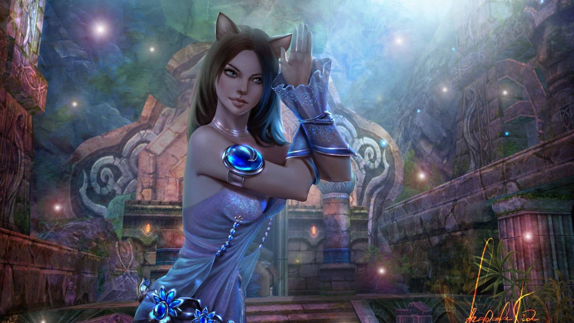 Fantasy cat-eared girl in ornate ruins HD Wallpaper
