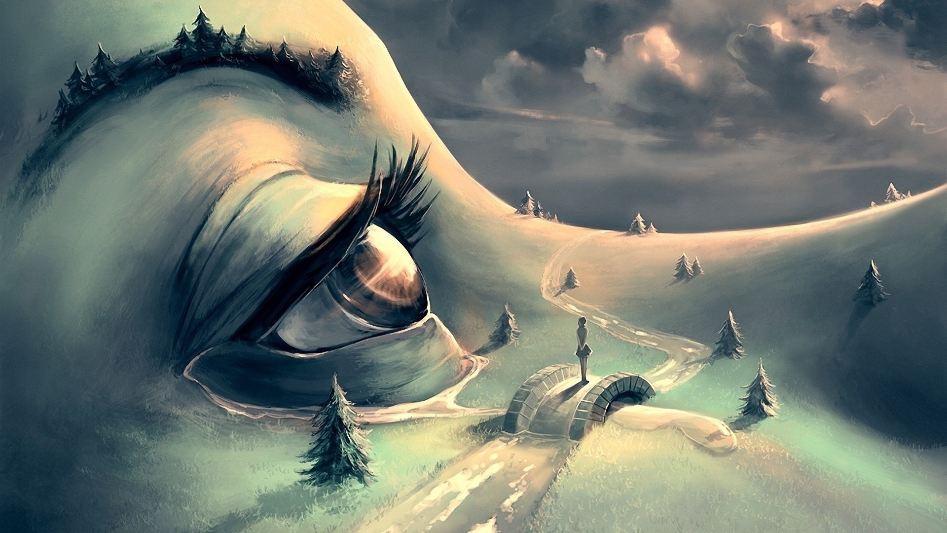 Surreal landscape with giant eye and lone figure HD Wallpaper