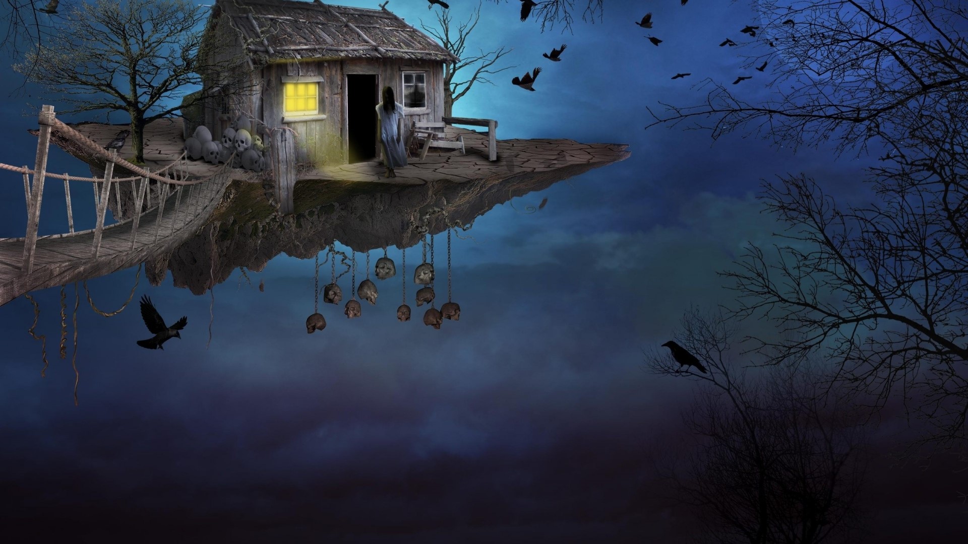 Fantasy house on a floating island with skulls HD Wallpaper