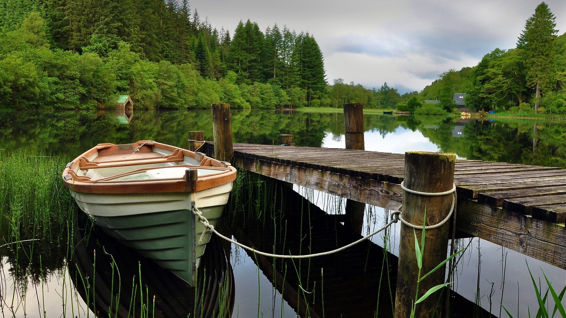 Boat docked at a wooden pier on a calm lake surrounded by trees HD Wallpaper