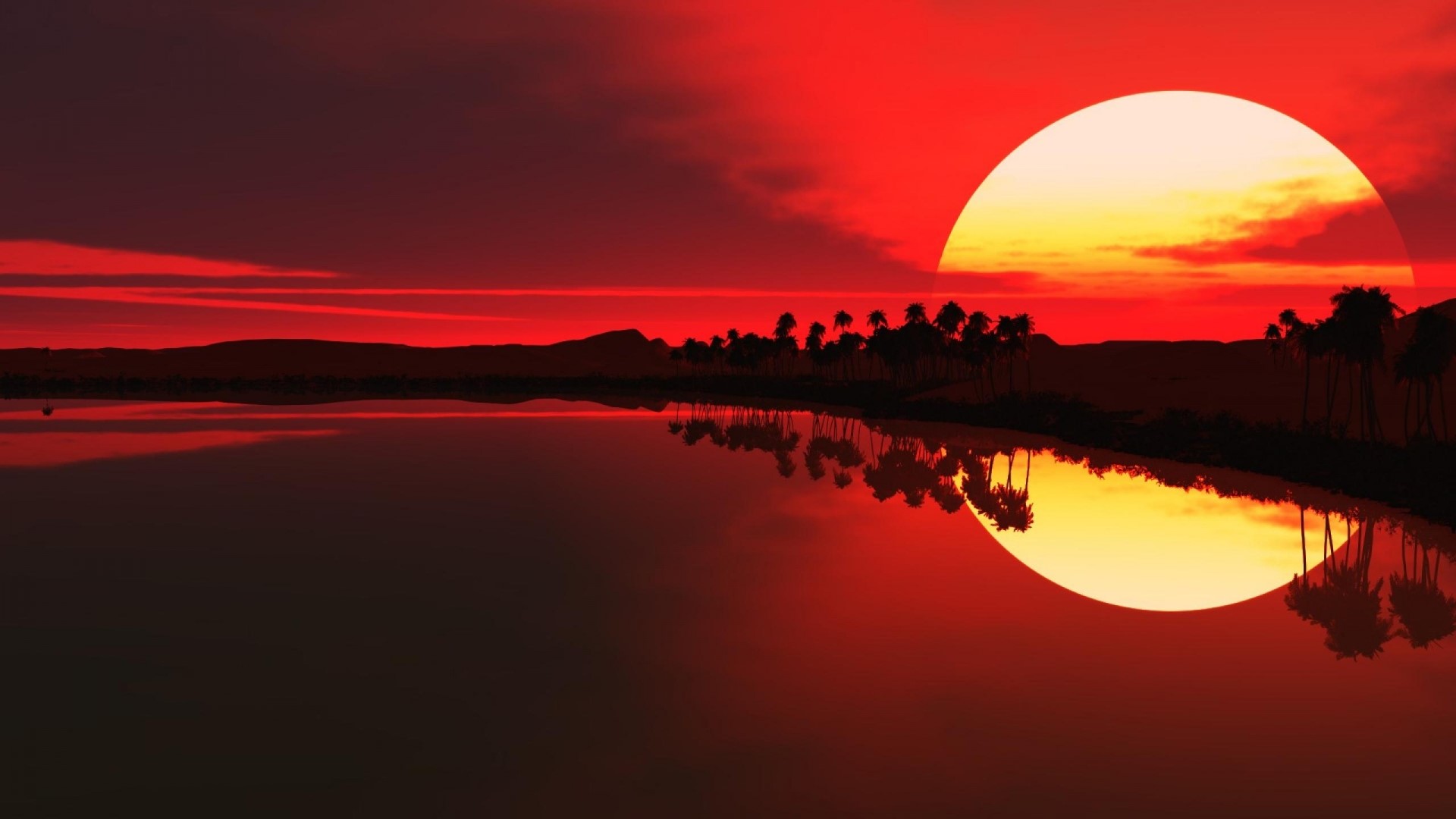 Red sunset over a lake with palm trees HD Wallpaper