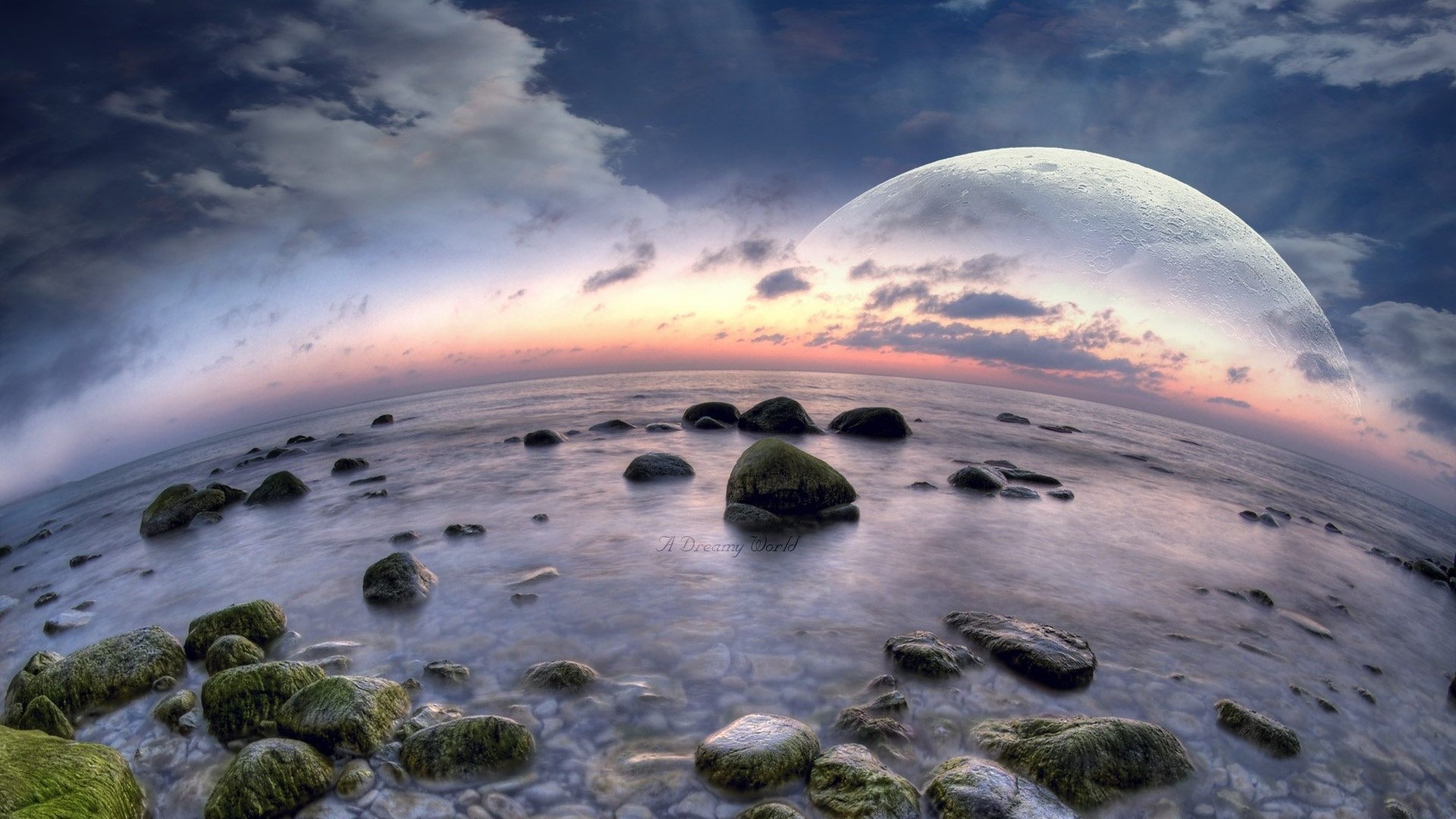 Fisheye view of moon over rocky beach at sunset HD Wallpaper