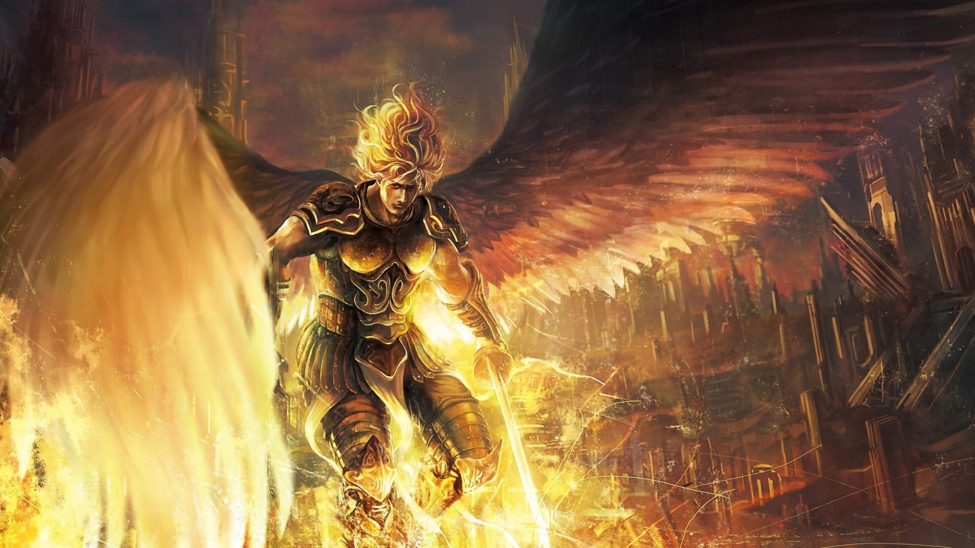 Angel warrior with sword and wings in a burning city HD Wallpaper