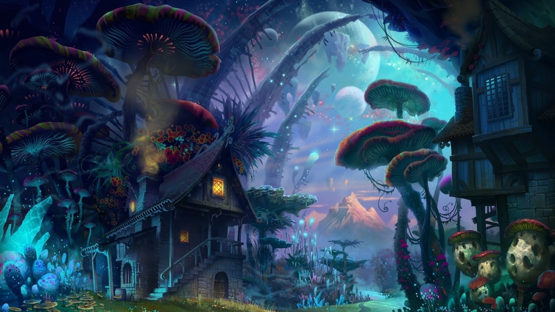 Fantasy mushroom land with planets and mountains HD Wallpaper