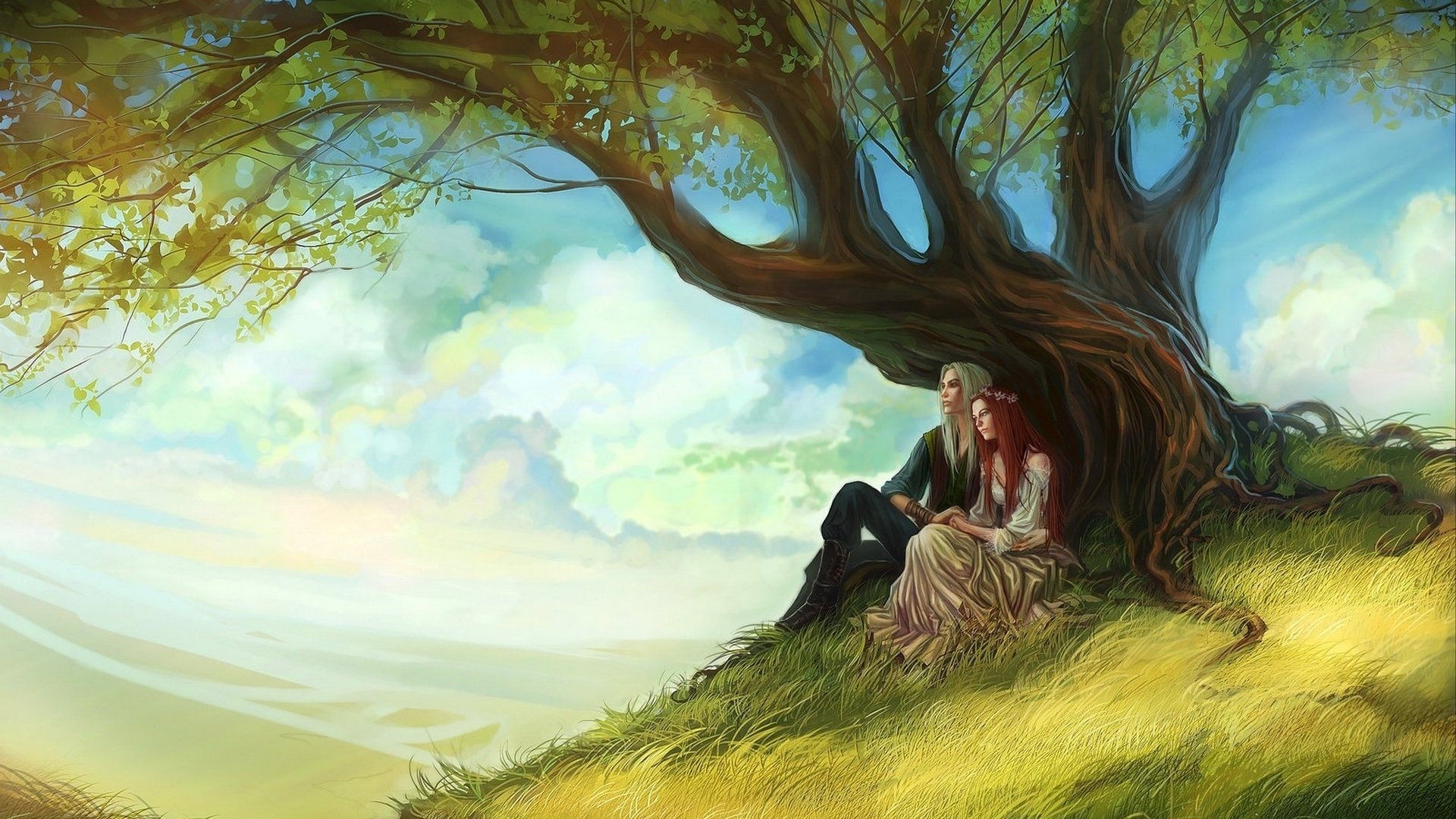 Fantasy couple sitting under a large tree HD Wallpaper