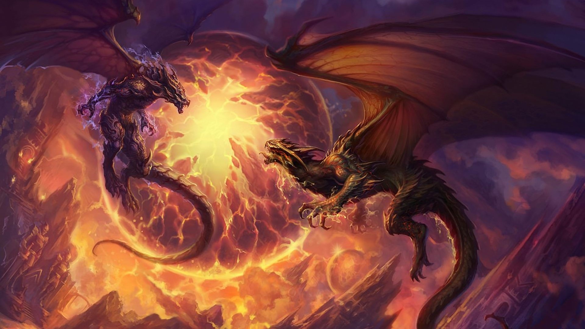 Two dragons fighting in a fiery explosion HD Wallpaper