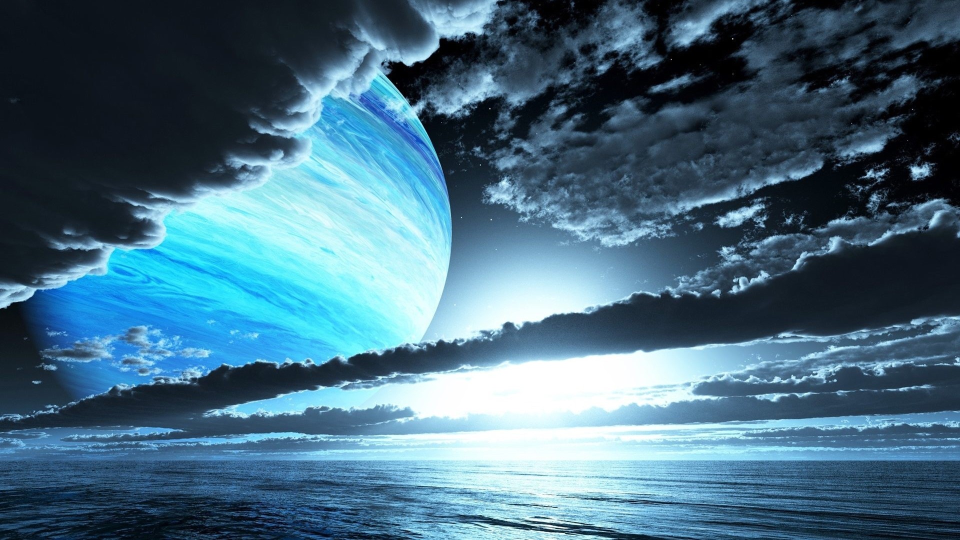 Fantasy planet with clouds over ocean HD Wallpaper