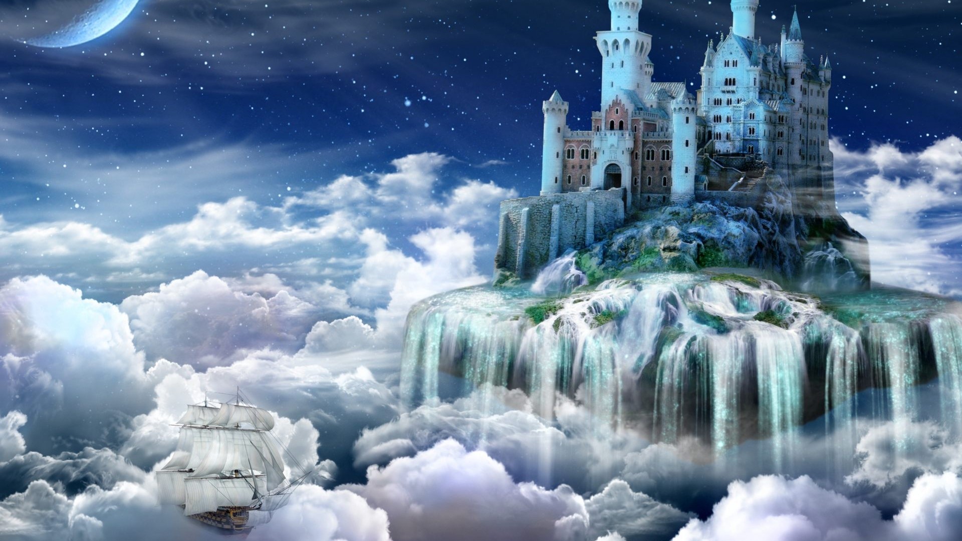 Fantasy castle on an island with waterfalls and a ship HD Wallpaper