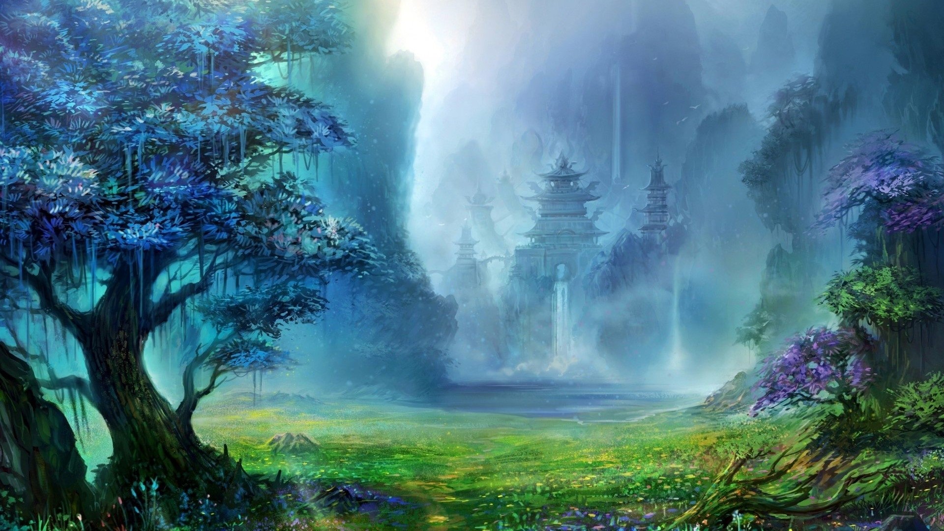Fantasy forest with ancient Asian-style buildings HD Wallpaper