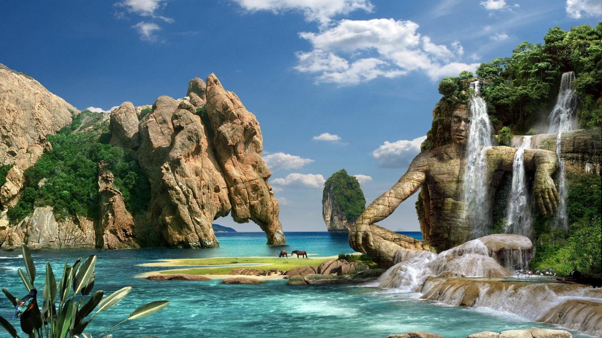 Fantasy landscape with rock formations and waterfalls HD Wallpaper