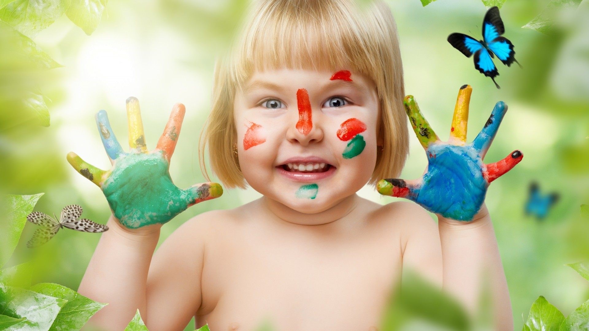 Baby with face and hand paint and butterflies HD Wallpaper
