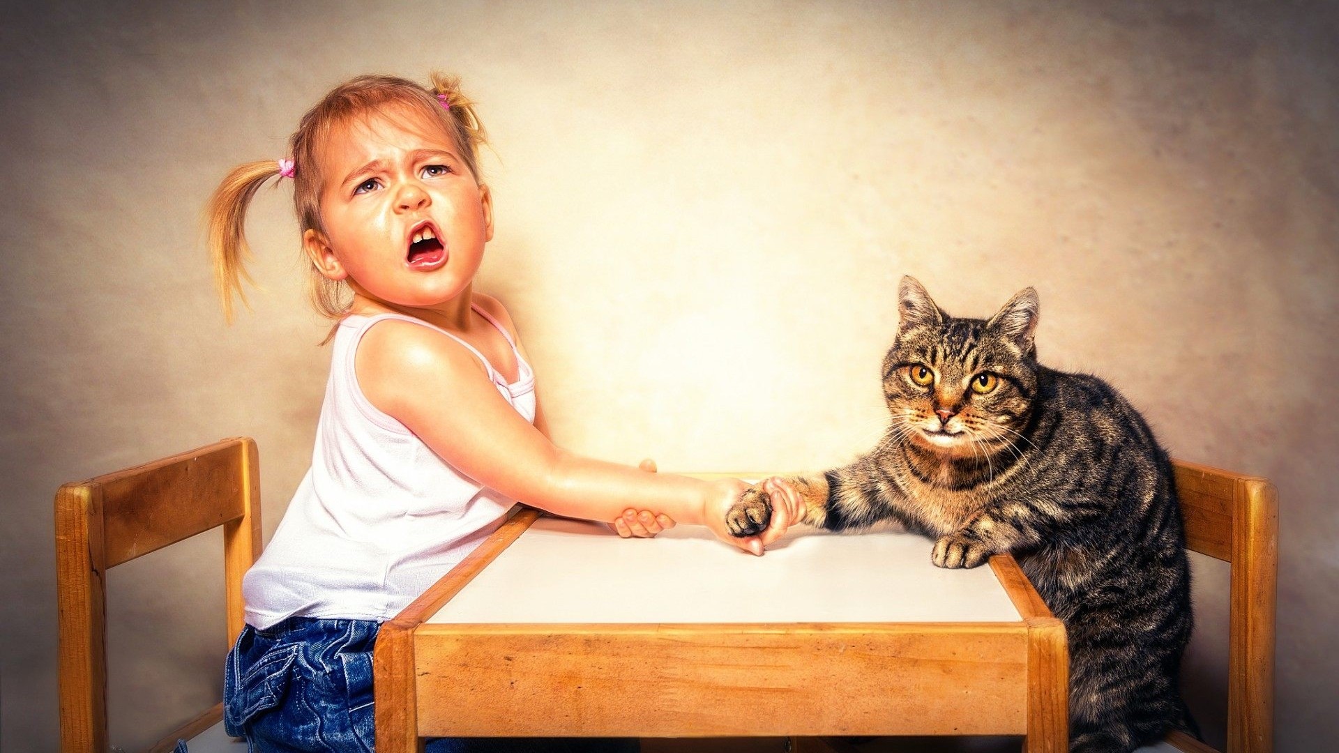 Girl and Cat Arm Wrestling HD Wallpaper