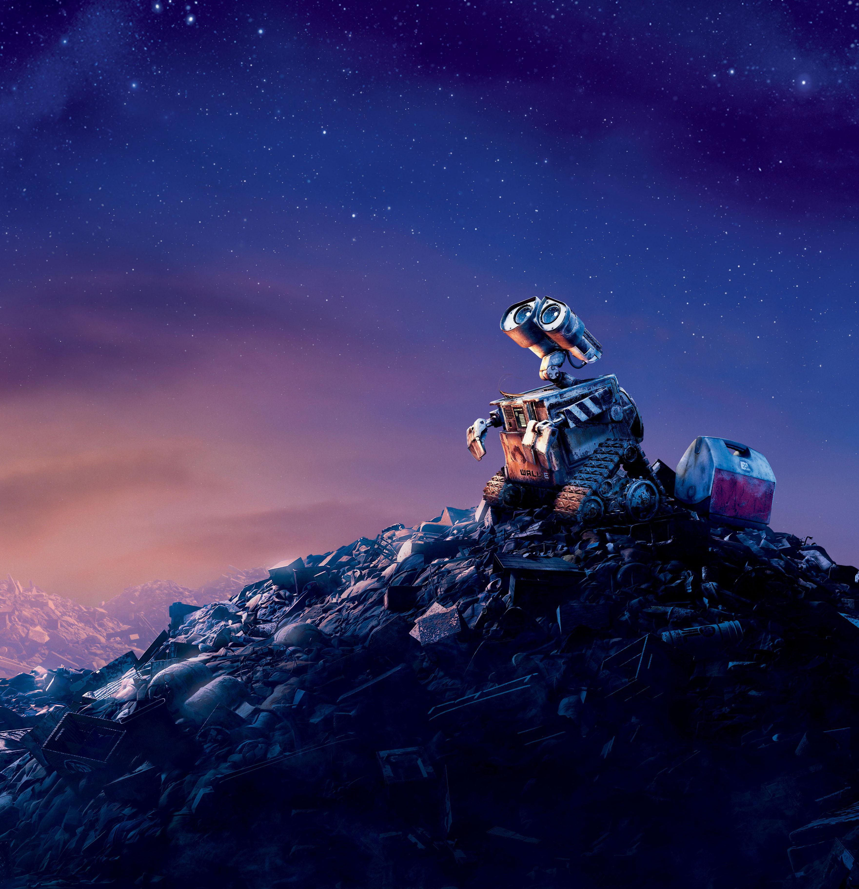 WALL-E on a pile of trash under a starry sky HD Wallpaper