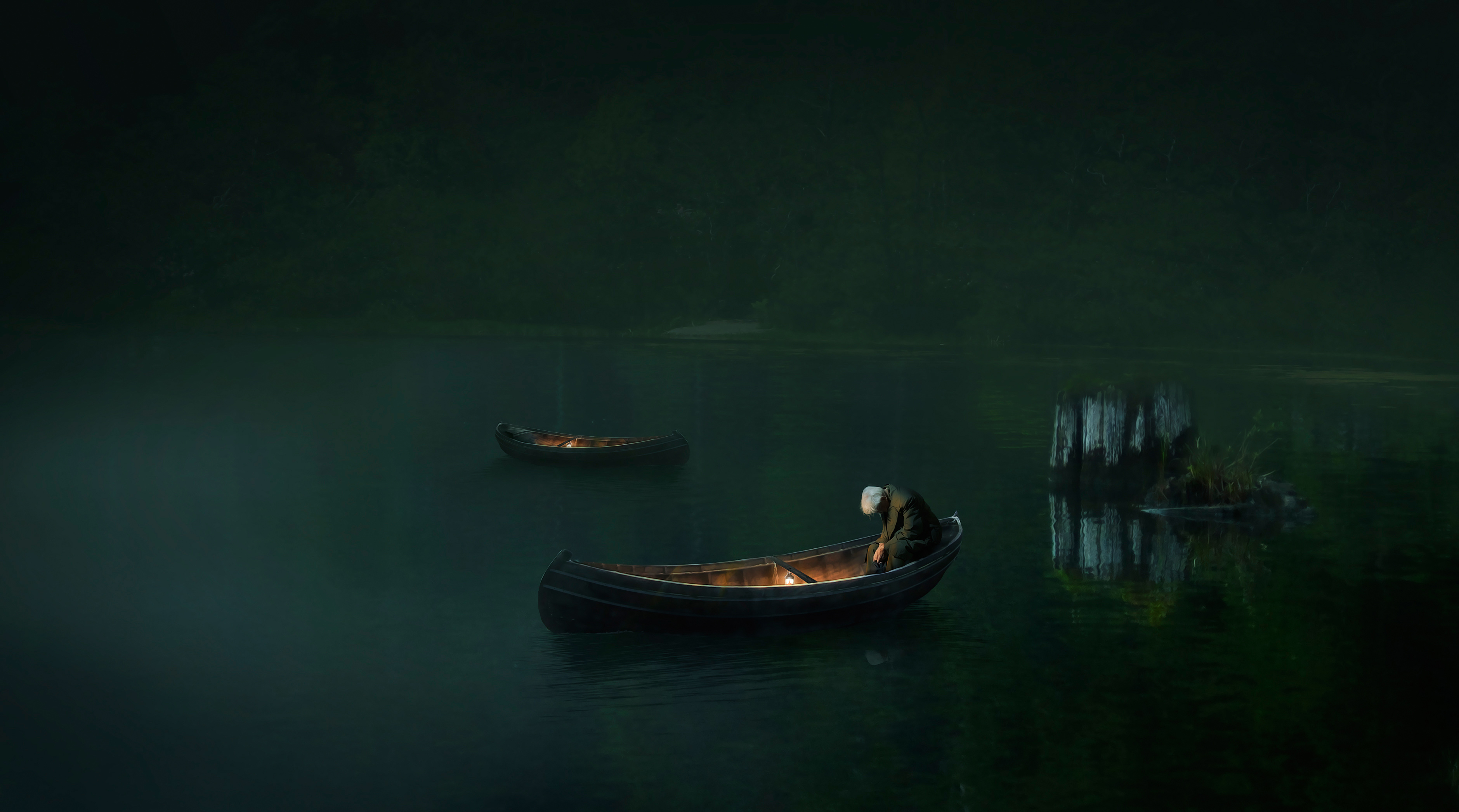 Old man in a boat on a lake HD Wallpaper