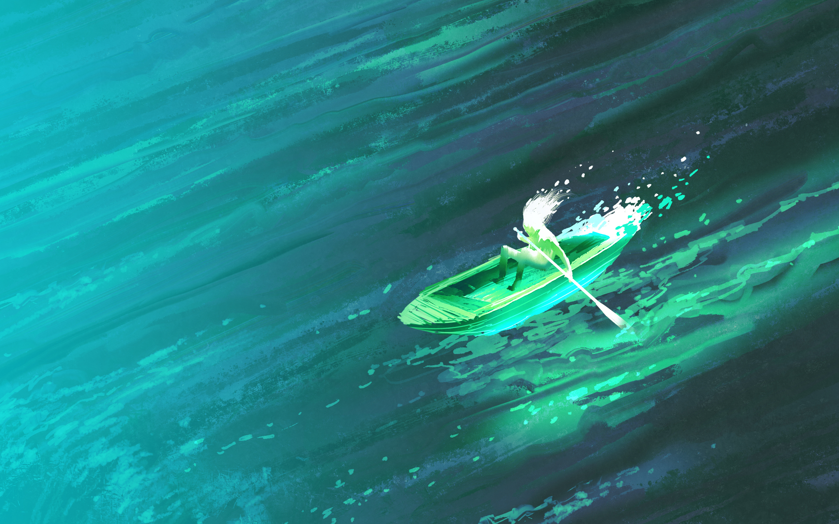 Artwork of a person rowing a boat on the ocean HD Wallpaper