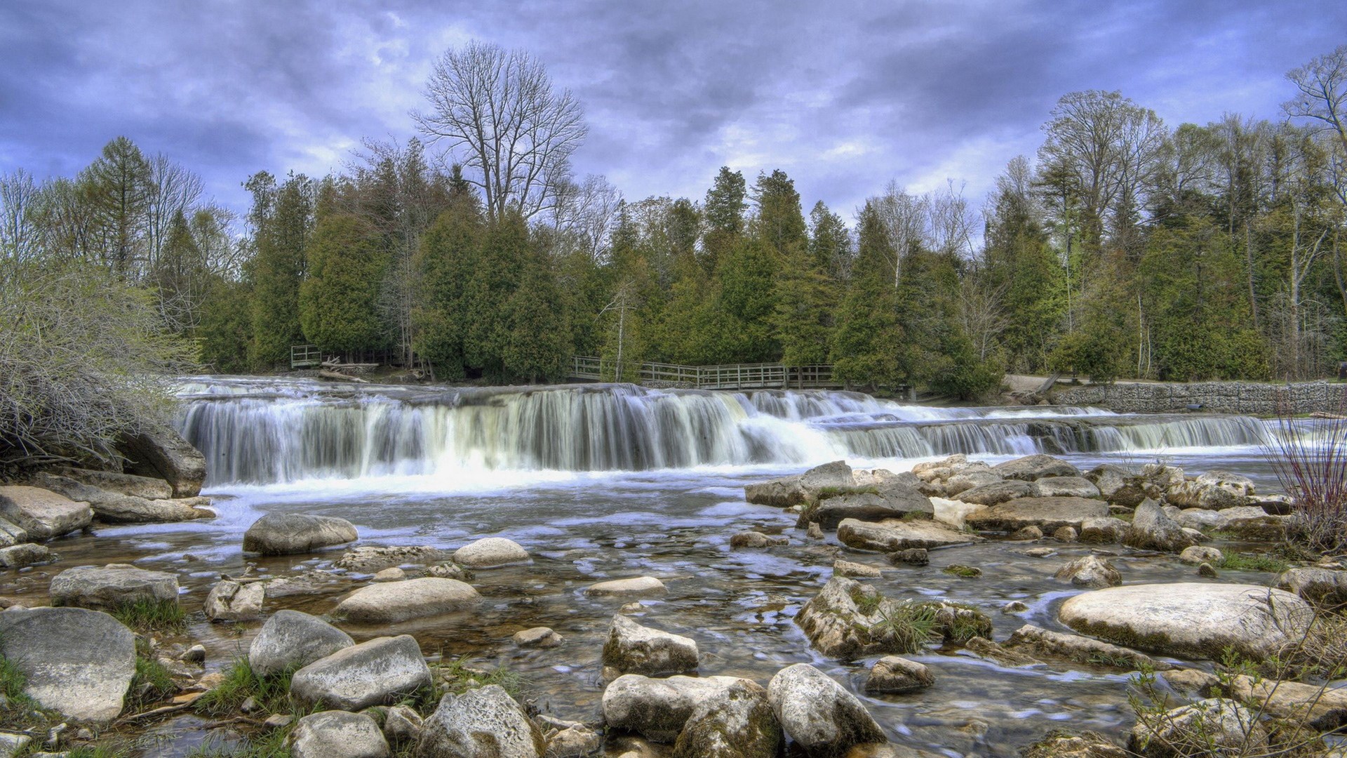 Waterfall with trees and rocks HD Wallpaper