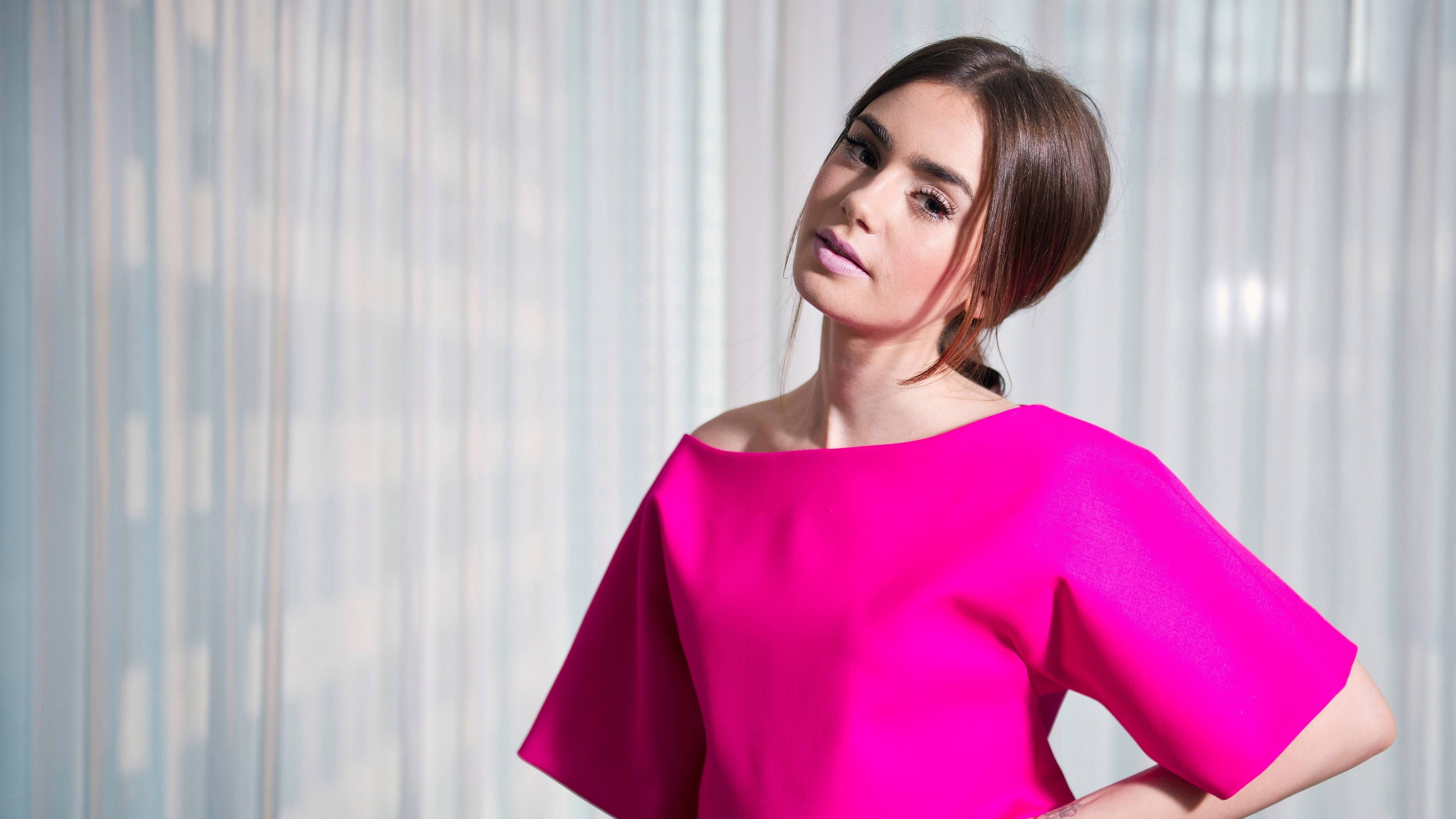 Lily Collins in a pink top HD Wallpaper